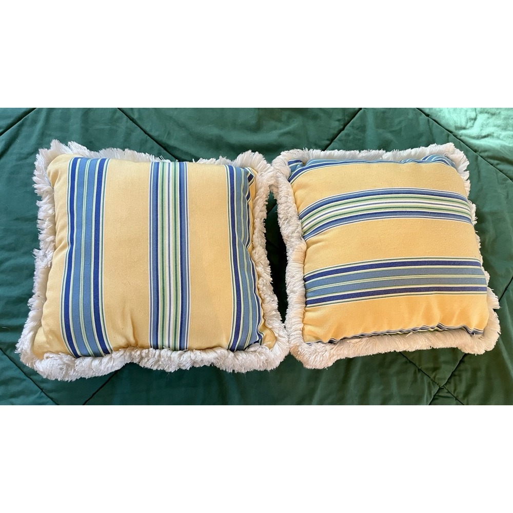Lloyd Flanders Outdoor Throw Pillows Set of 2 Yellow Blue Stripe Fringe 14x14
